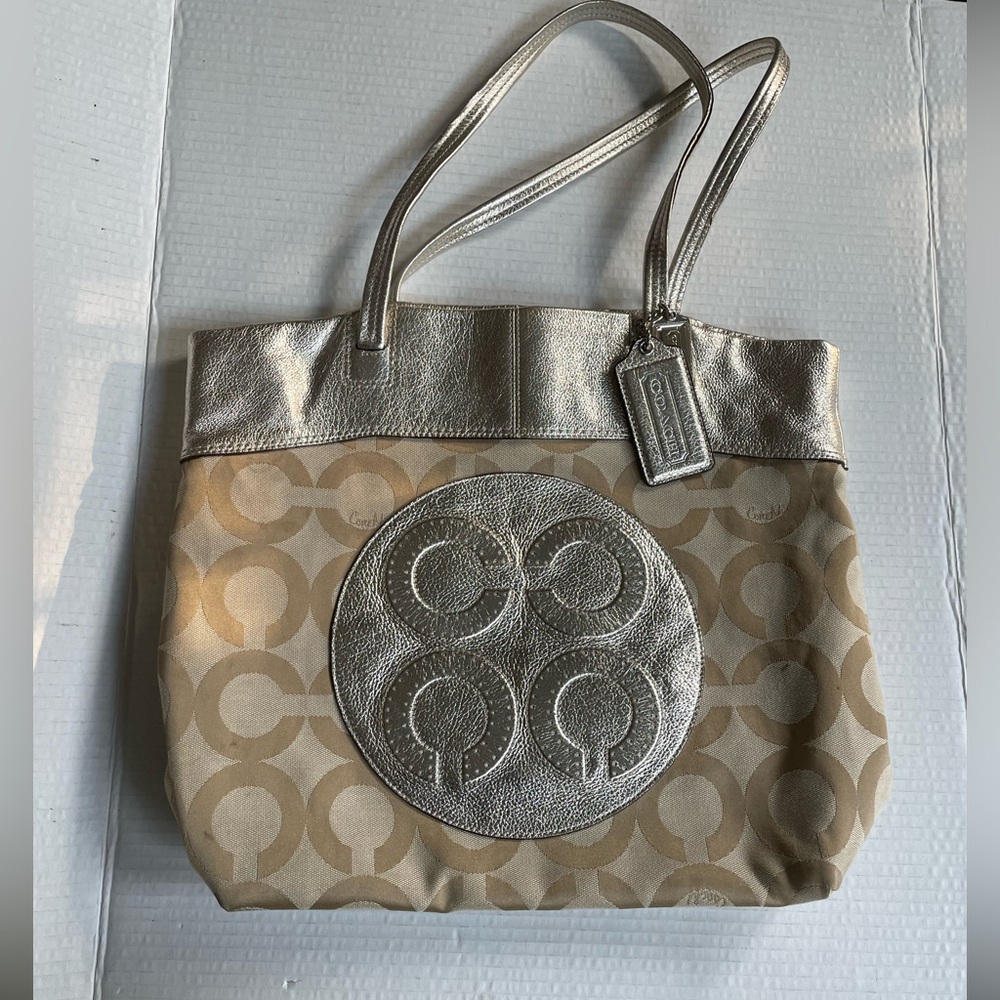 Coach Julia Op Art khaki gold tote
